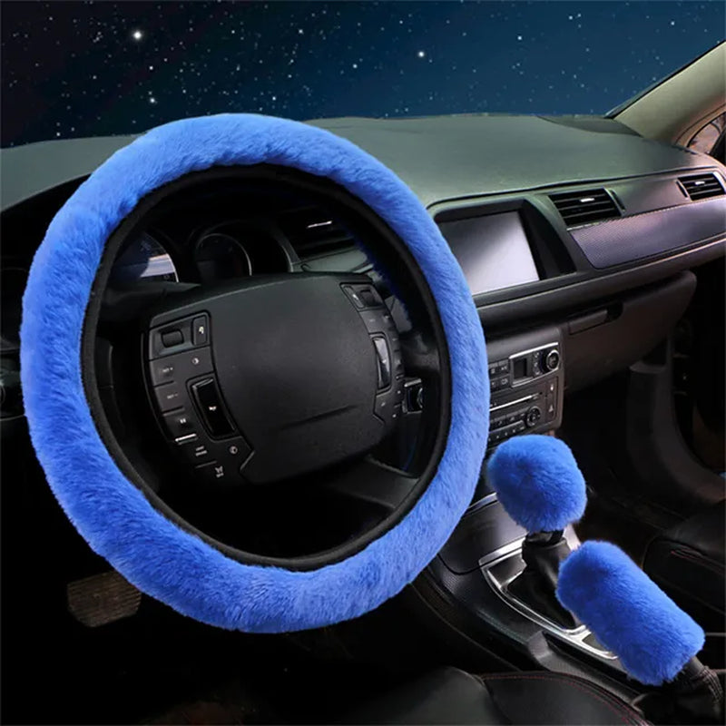 3Pcs/Set Warm Faux Wool Steering Wheel Cover 38Cm Fur Fluffy Thick Auto Car Steering Wheel Plush Cover Soft Wool Decoration Car