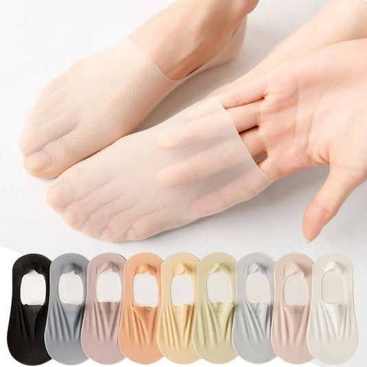 5Pairs Women Invisible Boat Socks Breathable Silicone Non-Slip Ultra-Thin Sock Slippers High Quality Elastic Ice Silk Low Sox