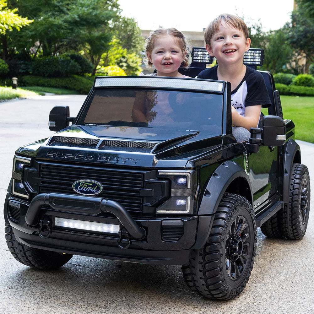 2023 Ford F450 Two (2) Seater Ride on Kids Car Truck W/ Remote | Large 24V Battery Licensed Kid Car to Drive 3 Speeds, Leather Seat, MP3 Music by Bluetooth, FM Radio, Rubber Tires-Black