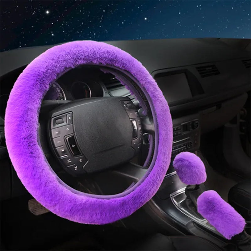 3Pcs/Set Warm Faux Wool Steering Wheel Cover 38Cm Fur Fluffy Thick Auto Car Steering Wheel Plush Cover Soft Wool Decoration Car