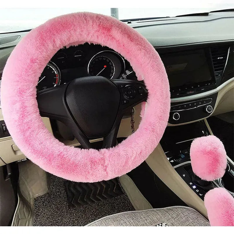 3Pcs/Set Warm Faux Wool Steering Wheel Cover 38Cm Fur Fluffy Thick Auto Car Steering Wheel Plush Cover Soft Wool Decoration Car